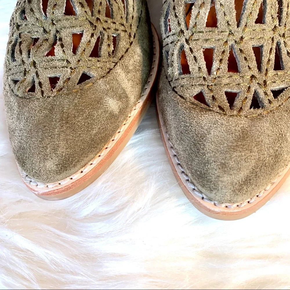 JEFFREY CAMPBELL Coastal Cowgirl Western Sagat Laser Cut Olive Suede Boots, 8.5